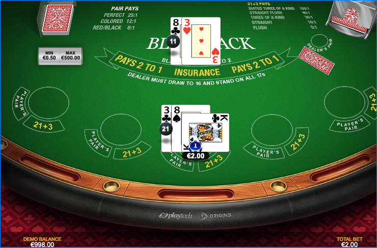 Premium Blackjack screenshot showing a 21 after doubling on 11